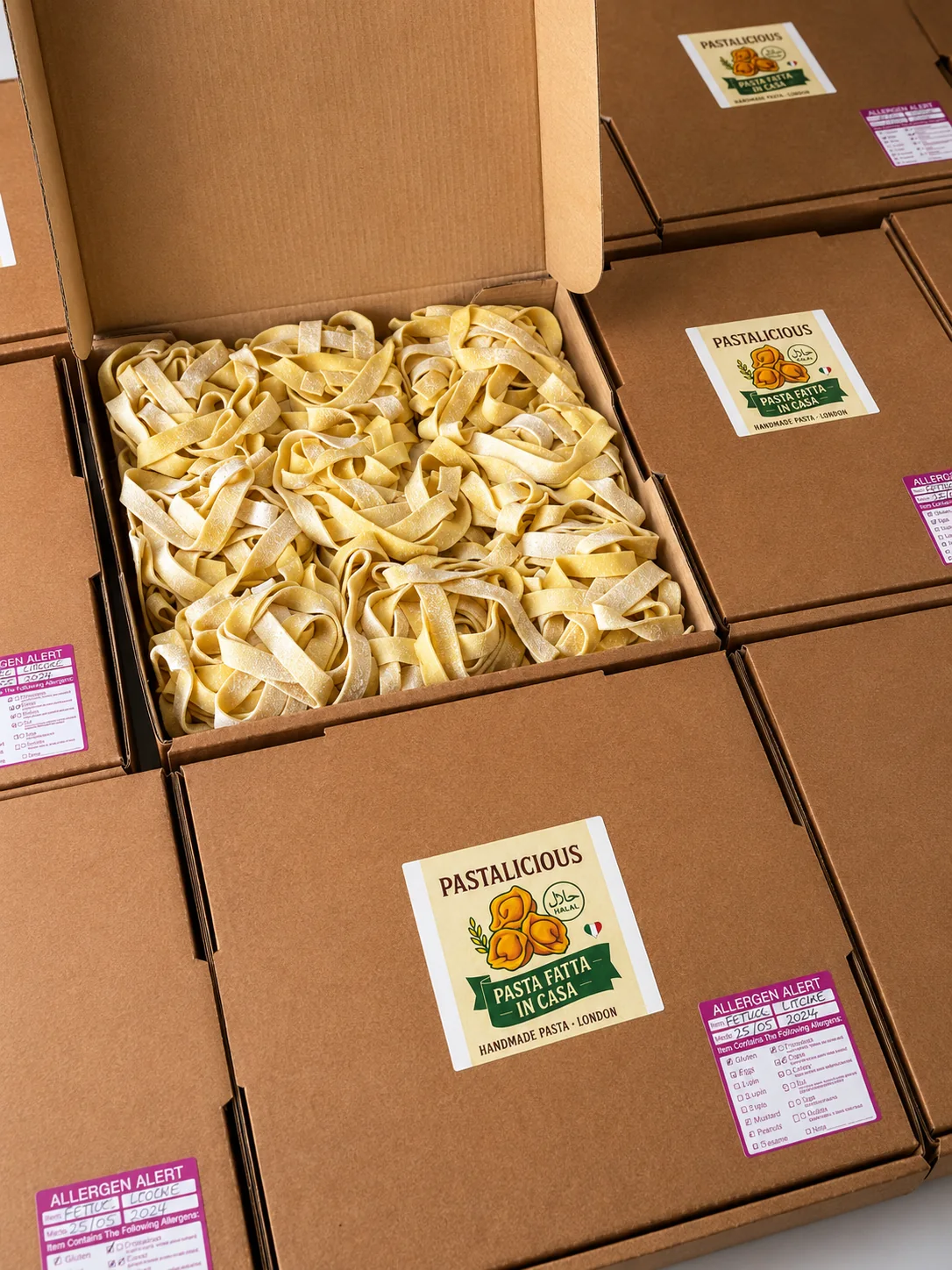 Pastalicious fresh pasta packed in branded boxes