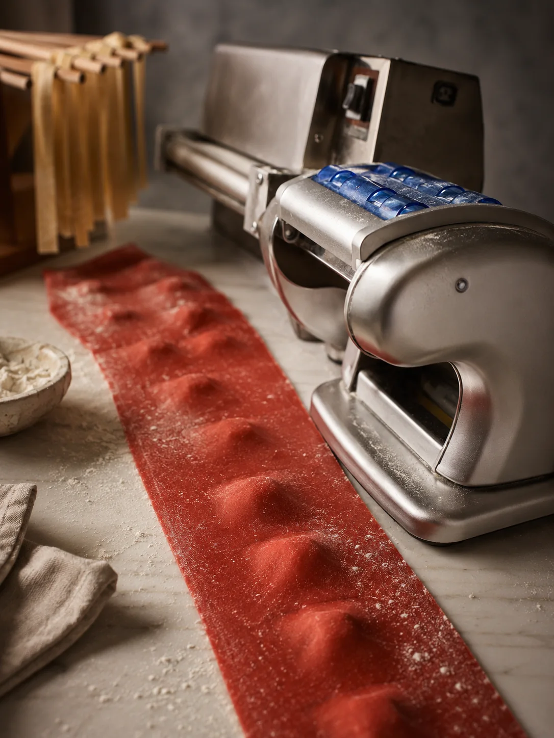 Fresh red pasta being shaped beside a professional pasta machine