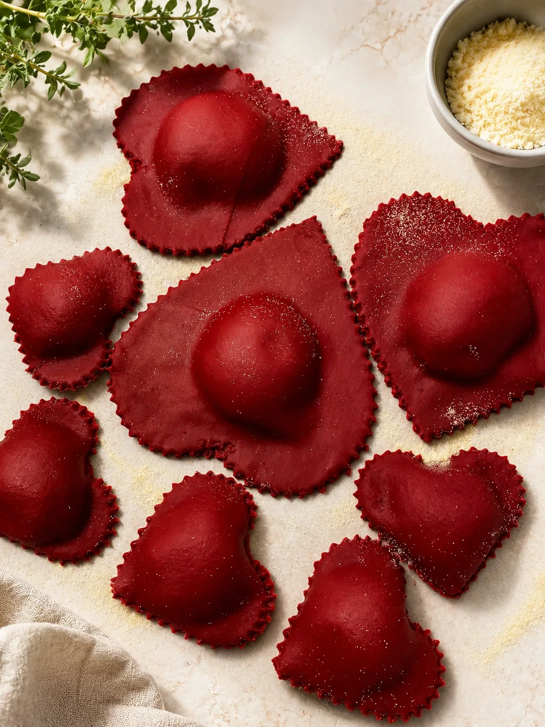 Deep red handmade ravioli in several shapes